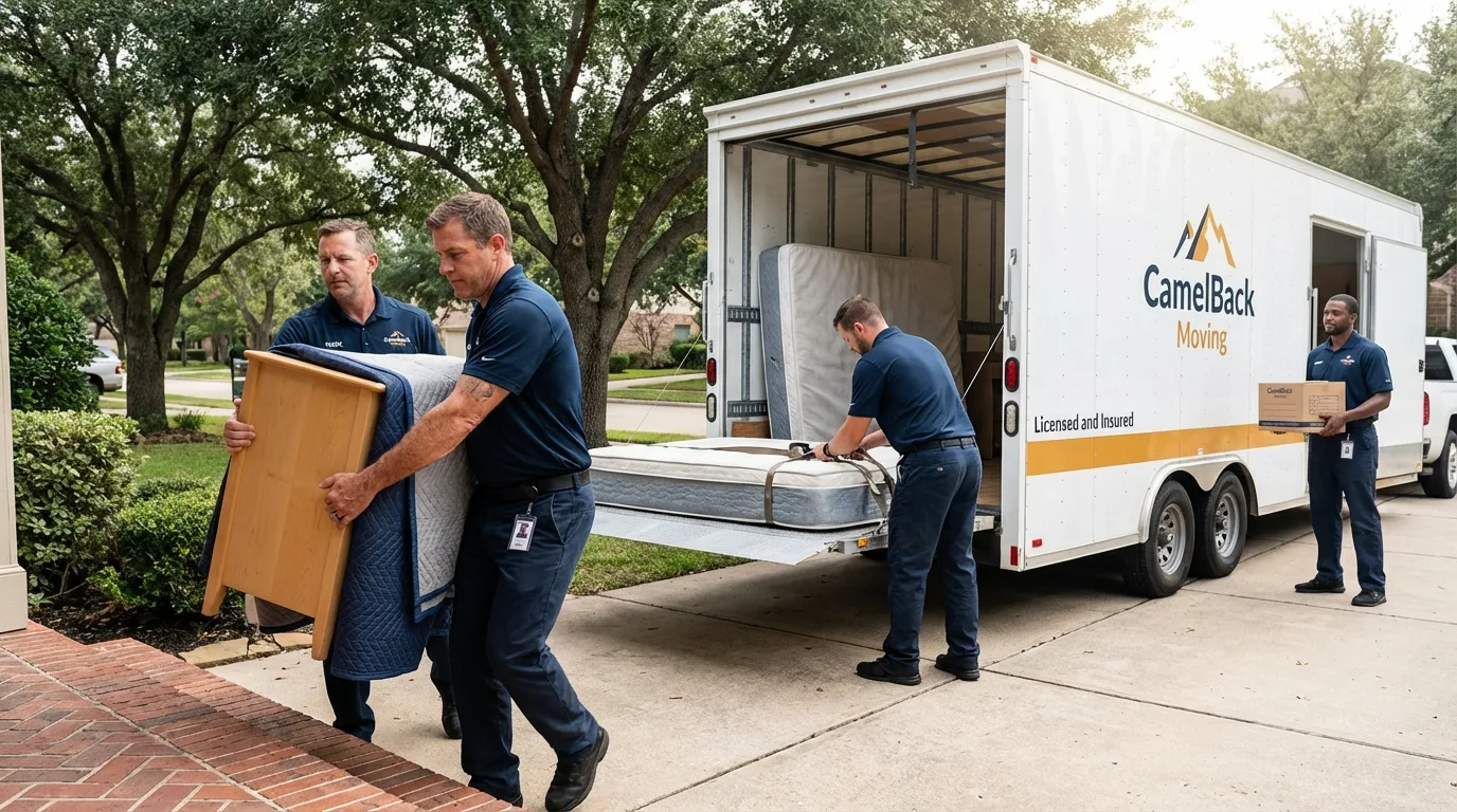 Crew loading residential truck for cross-state move from Eldorado, IL