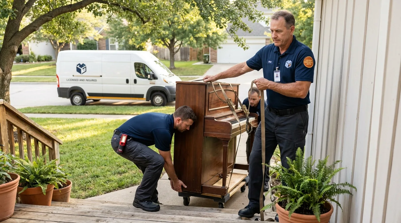 Licensed piano movers securing grand piano in Eldorado, IL